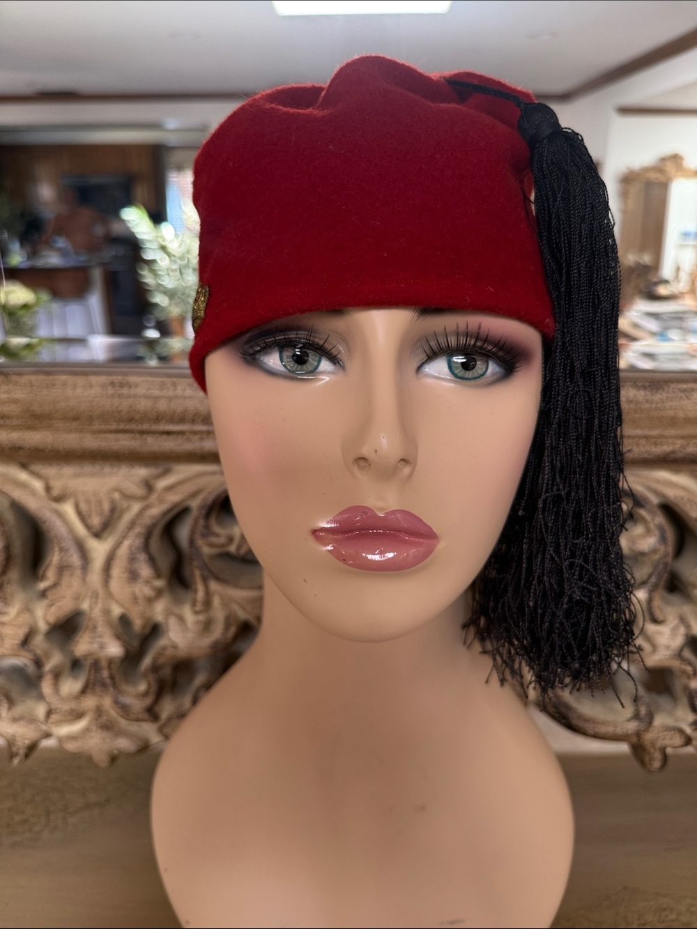 Vintage Turkish-Style Red Felt Fez Hat with Black Tassel & Gold Crown Emblem